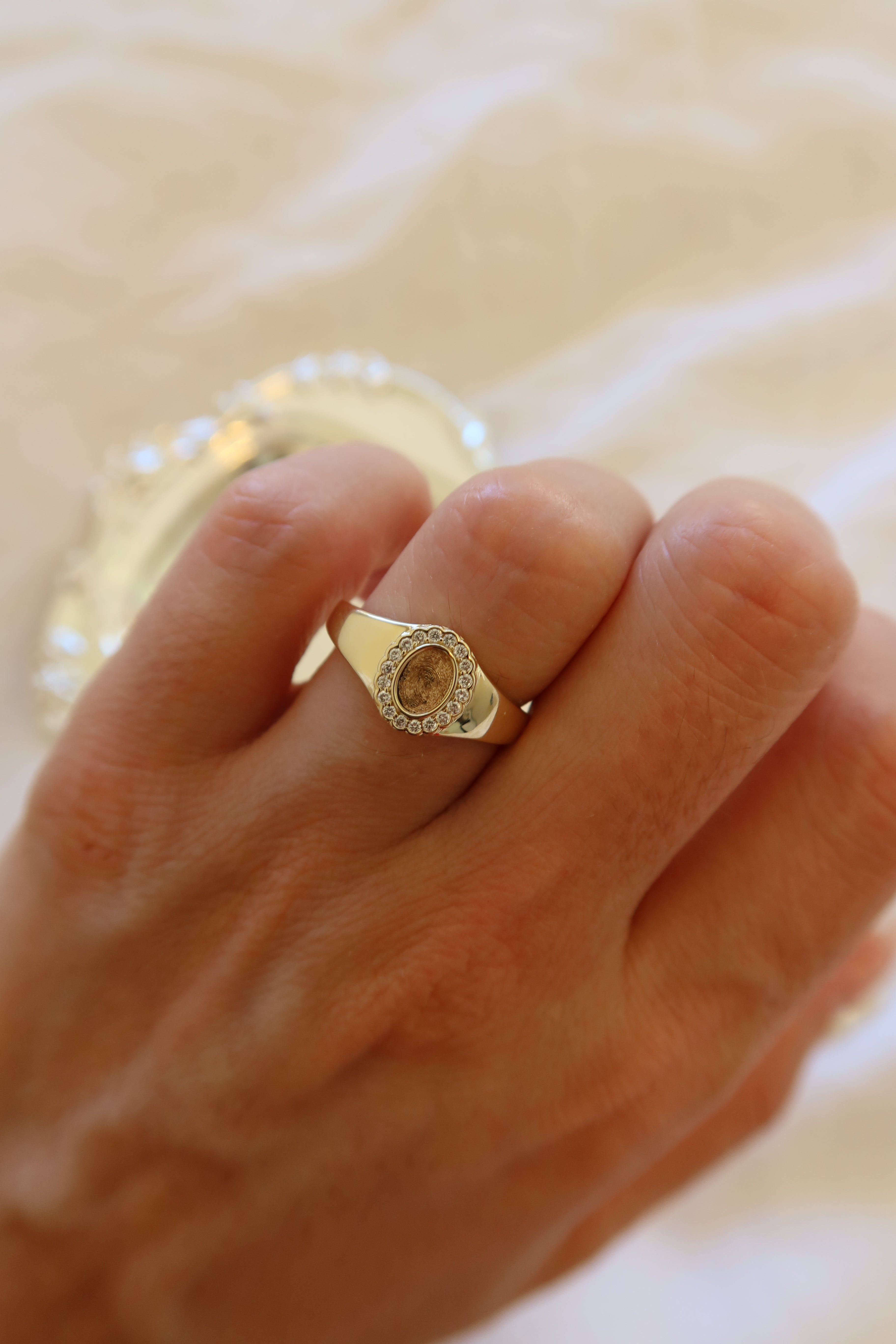 fingerprint memorial ring in 10 karat yellow gold with lab diamonds